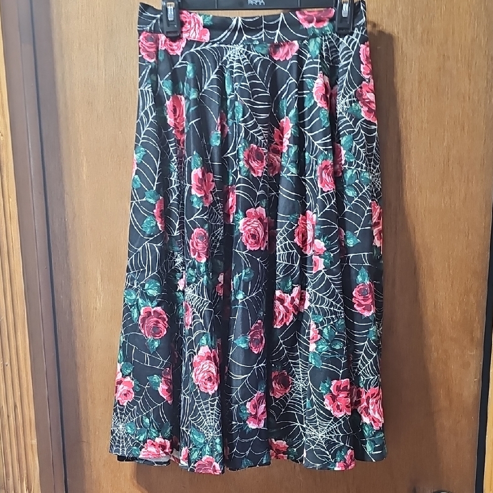 Vixen by Micheline Pitt Black Skirt with Red Roses and White Webs